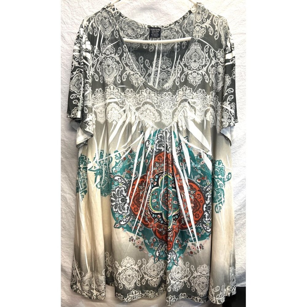 Faded Glory Womens 3X Multicolor Paisley & Mandala Print Short Sleeve Tunic Top